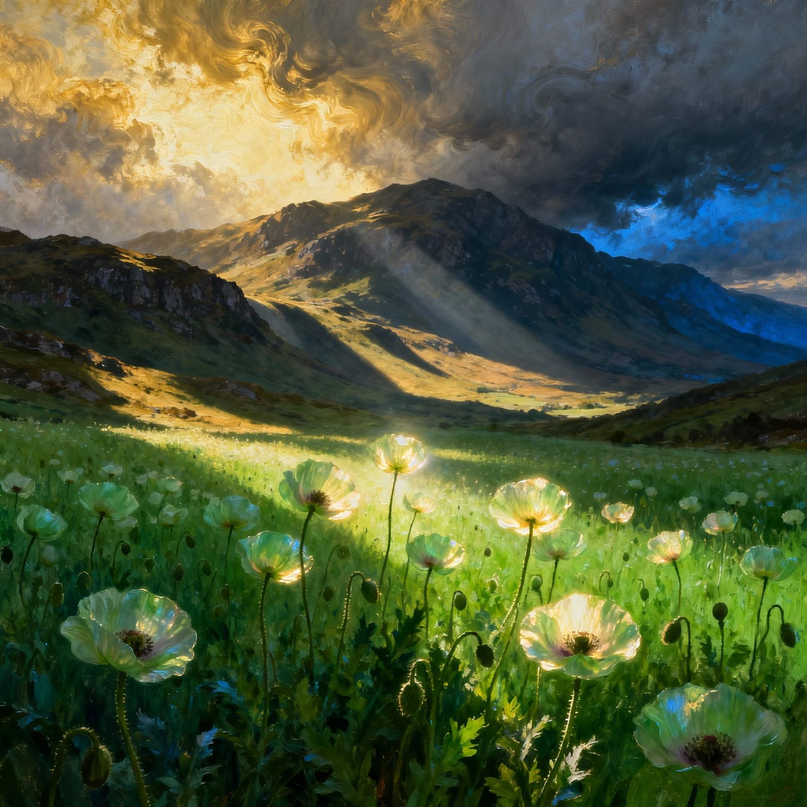 Emerald Poppy Field with Scottish Highlands in Romantic Styl...