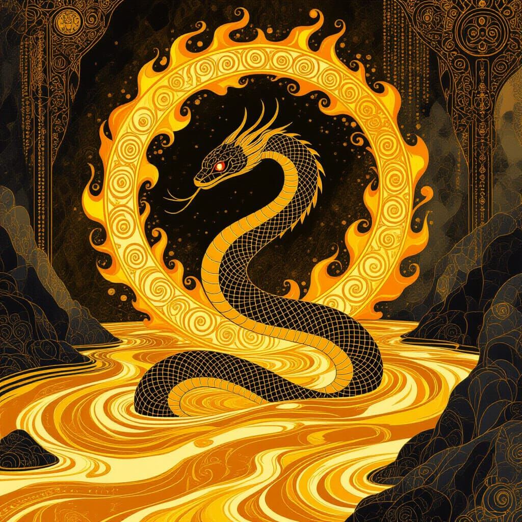 Golden Serpent Emerges in Art Nouveau Style
