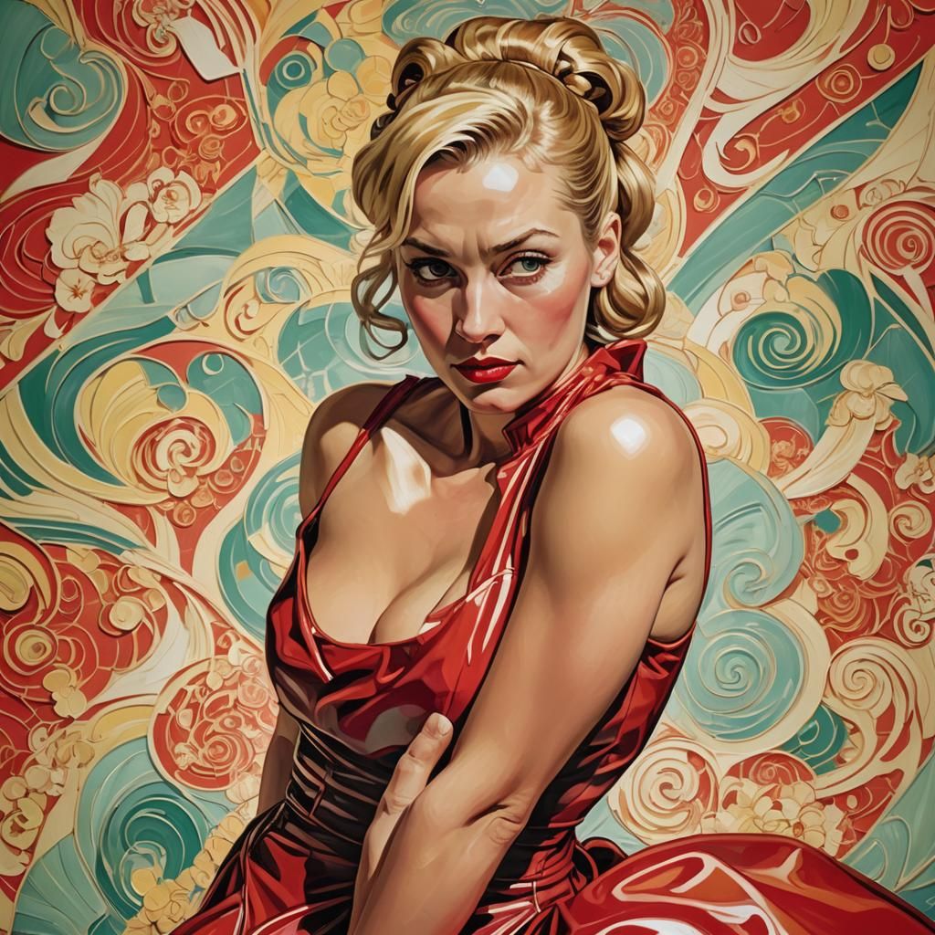 Pop Art Nouveau Woman in Red PVC Dress
