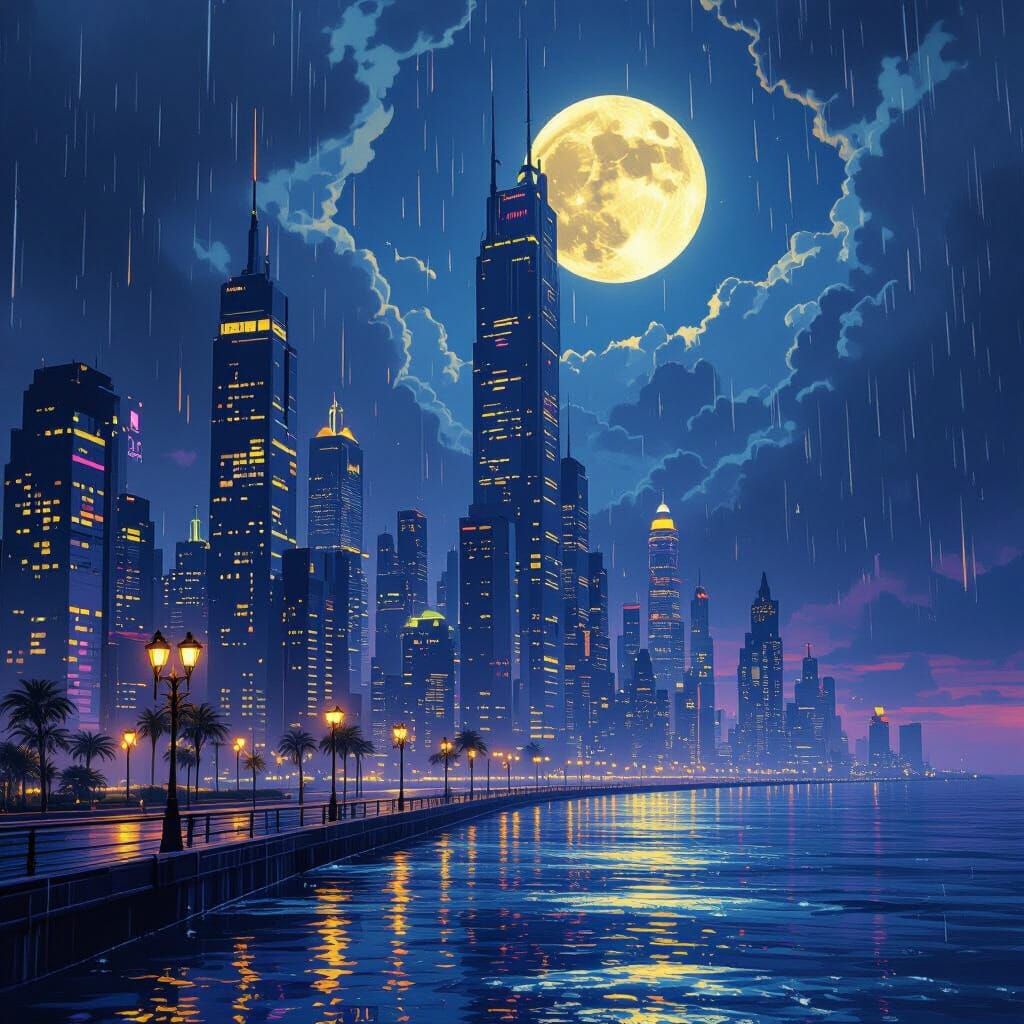 Moody Future Cityscape With Glowing Sea and Moon