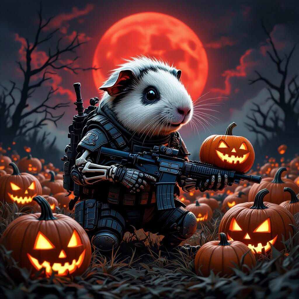 Skeletal Guinea Pig in Combat Gear with Pumpkin Weapon
