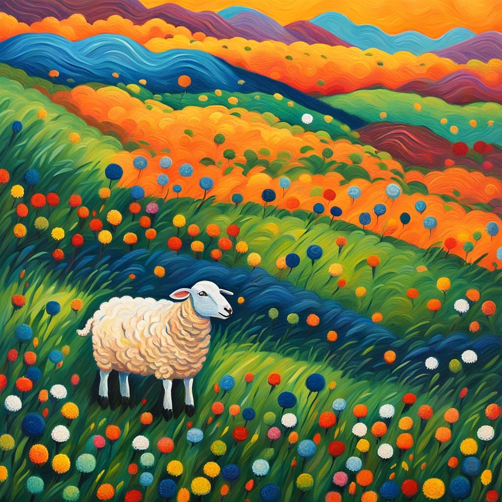 Naive Folk Art Sheep in Grassy Field