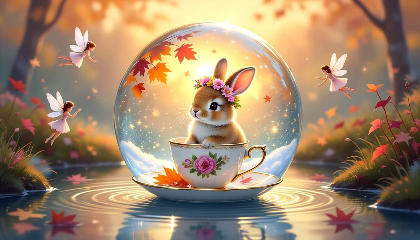 Adorable Bunny in Snow Globe Autumn Scene