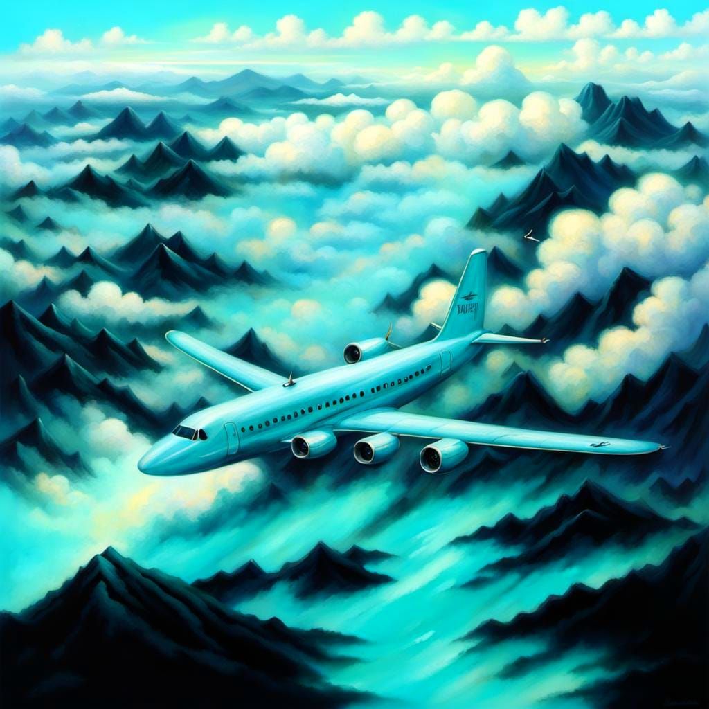 Deep Turquoise Airplane Soaring Over Misty Neon Clouds