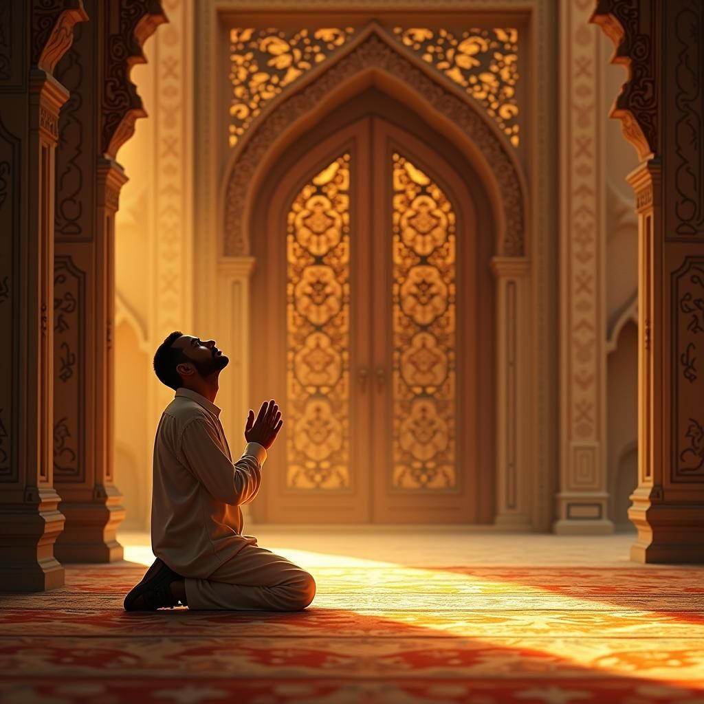 Father's Prayer in Mosque with Golden Light