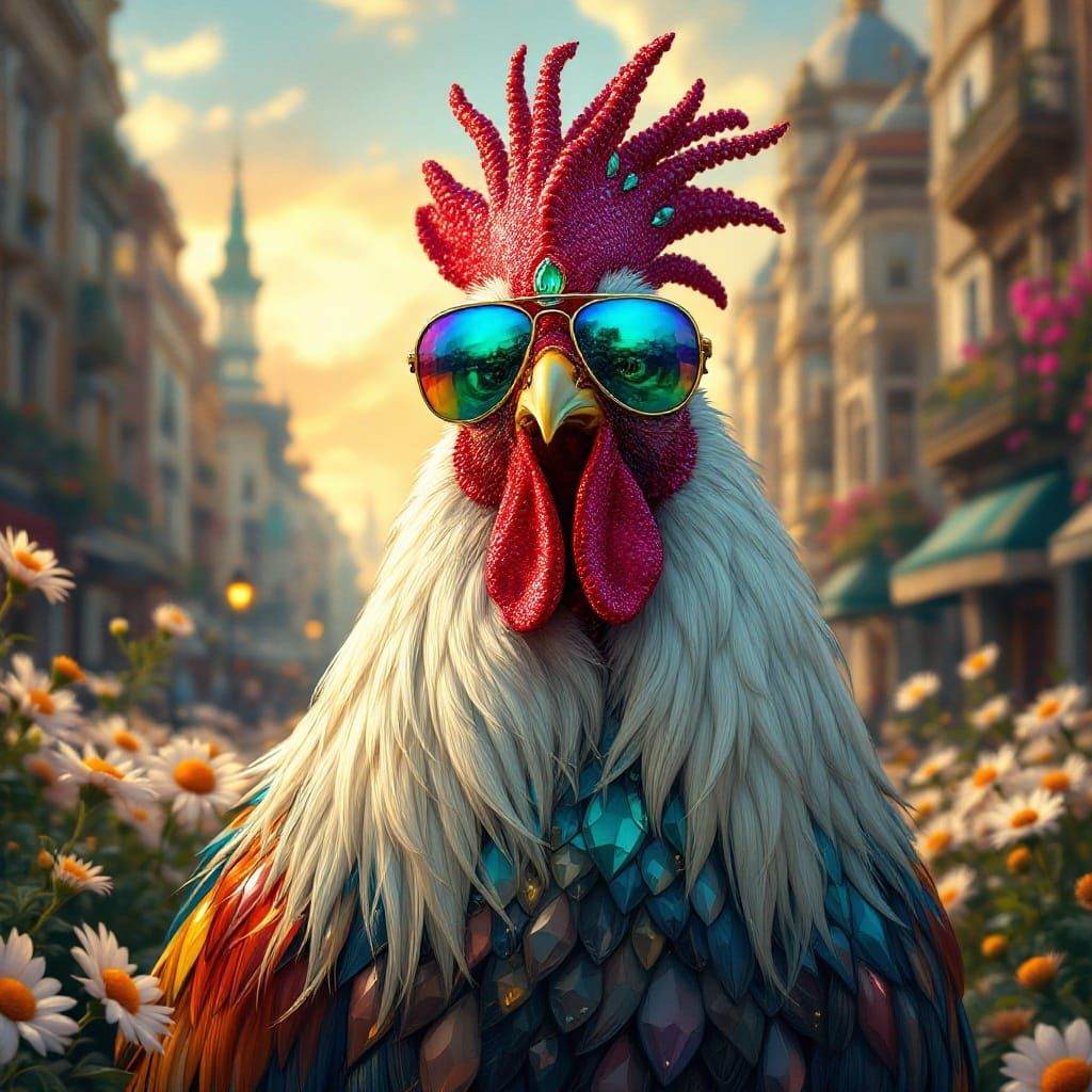 Whimsical City Rooster Struts His Stuff in Vibrant Aviator S...