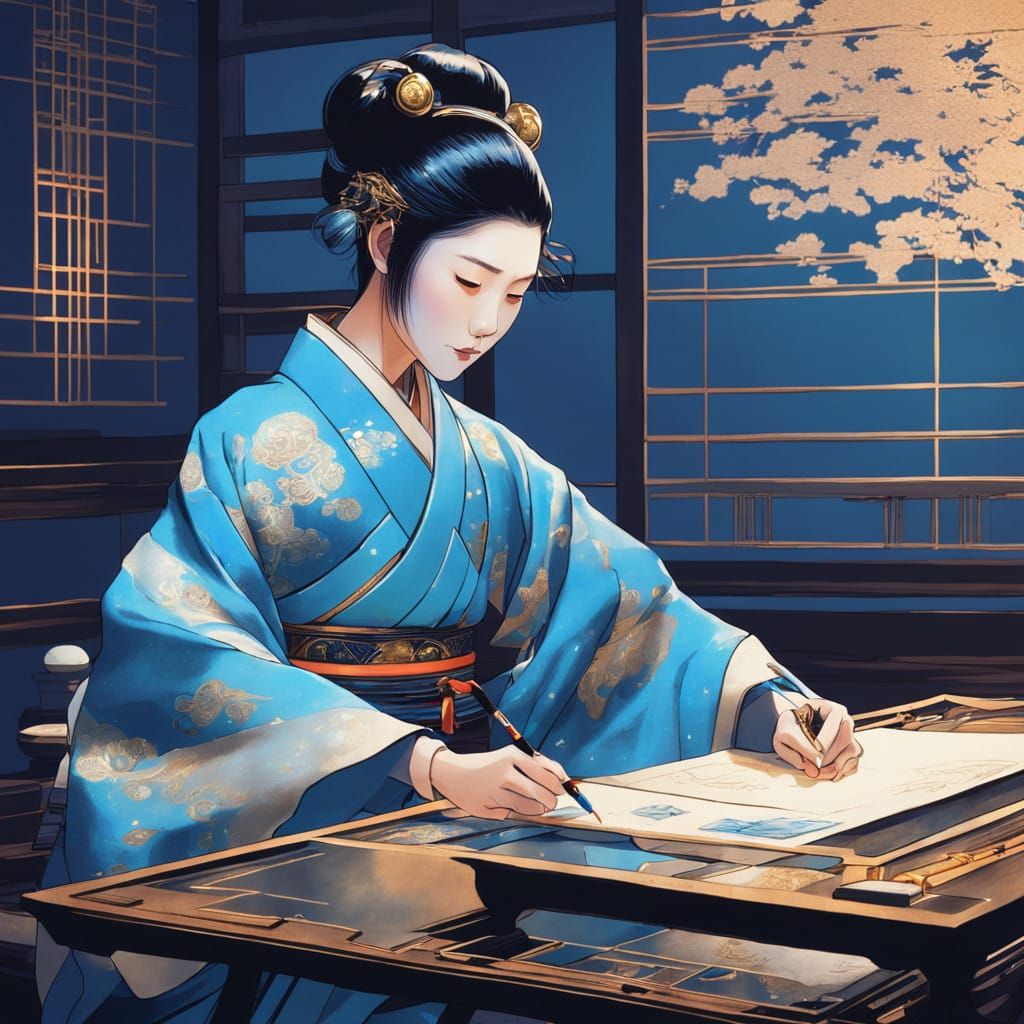 Elegant Cybernetic Calligrapher in Traditional Japanese Kimo...