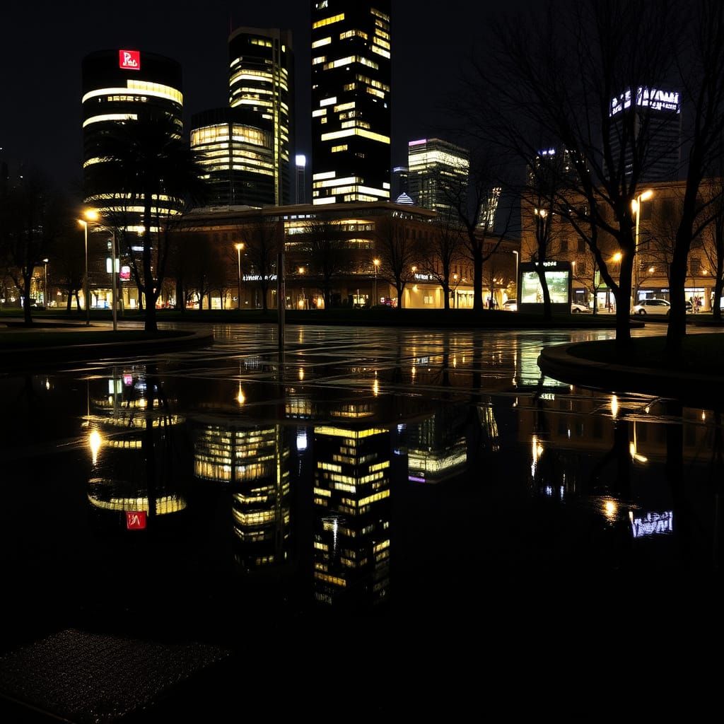 Reflective Cityscape at Night