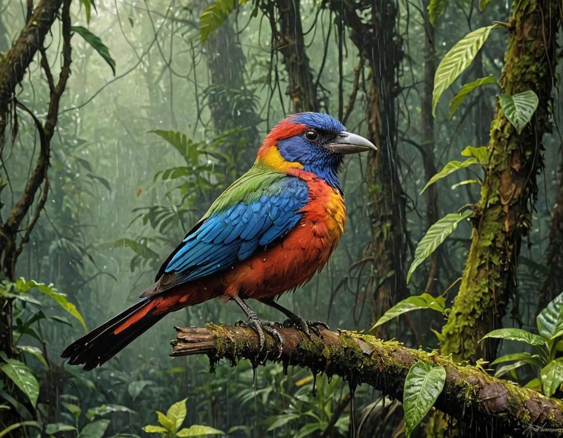 Colorful Bird in Rainforest, Surrealist Style