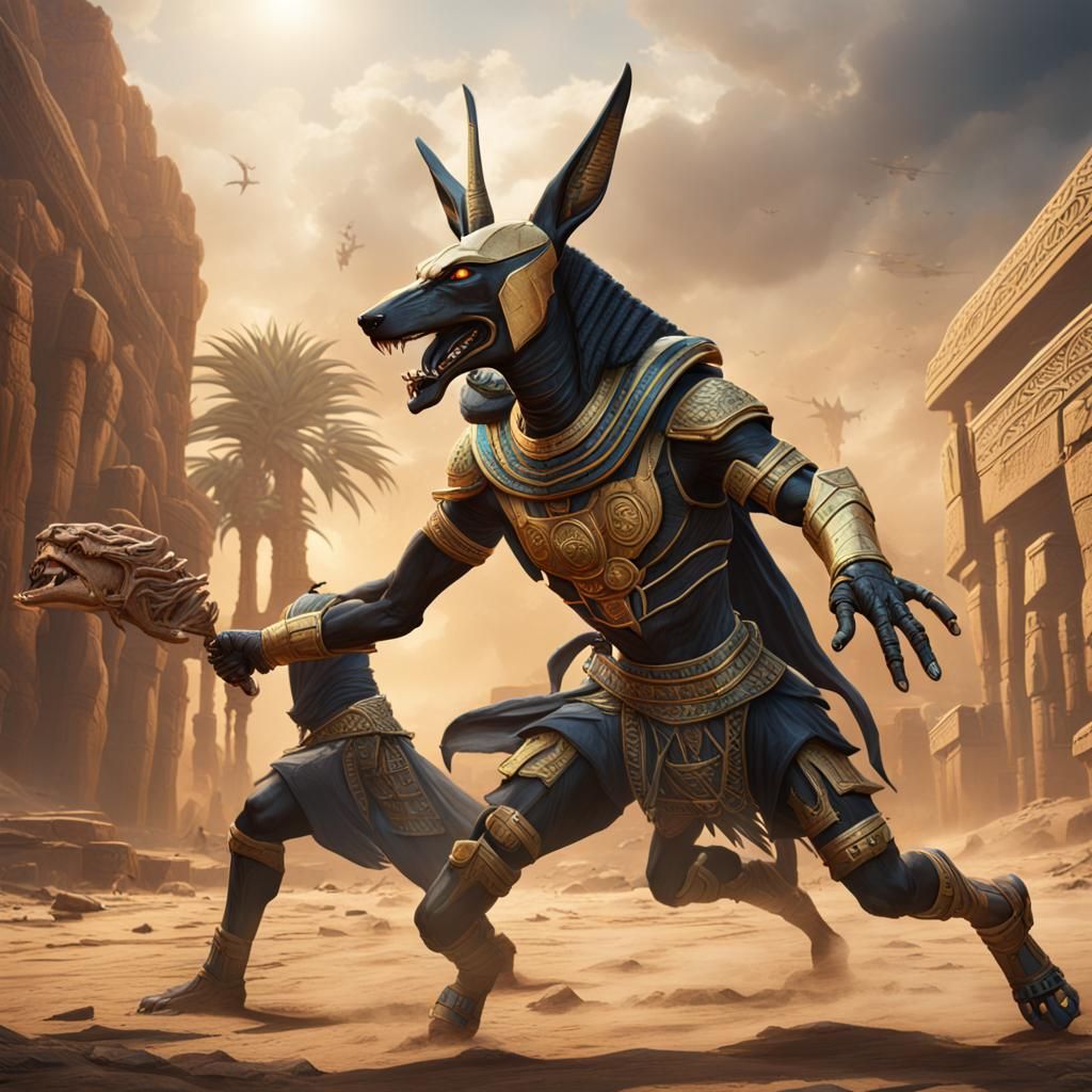 Anubis Battles an Alien in Detailed Fantasy Art