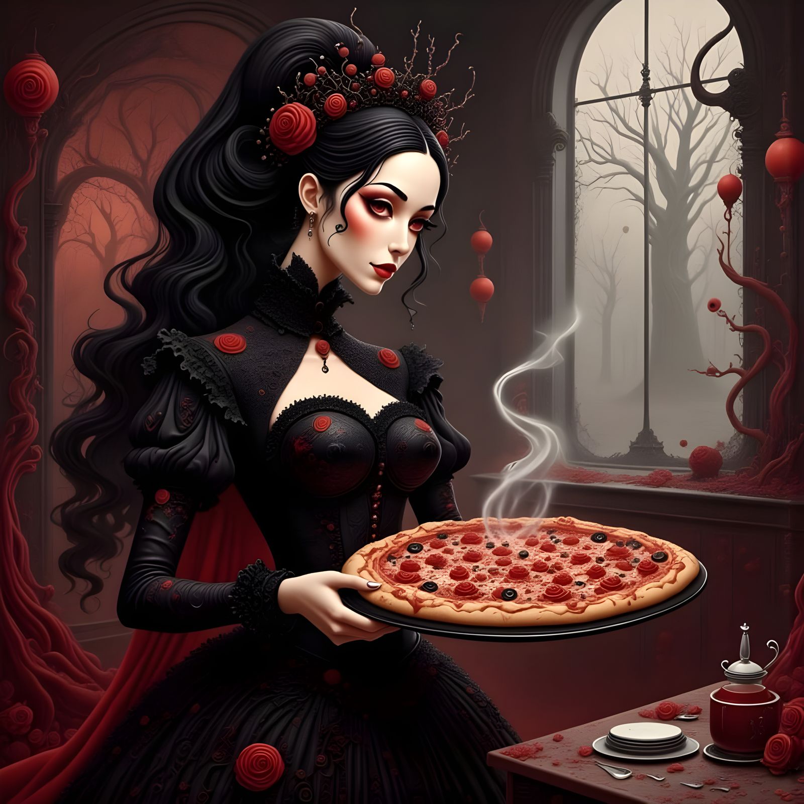 Vampire Waitress Serving Pizza with Blood Sauce