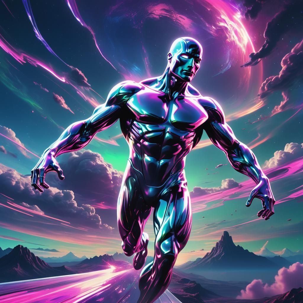 Silver Surfer in Synthwave Neon Retro Style