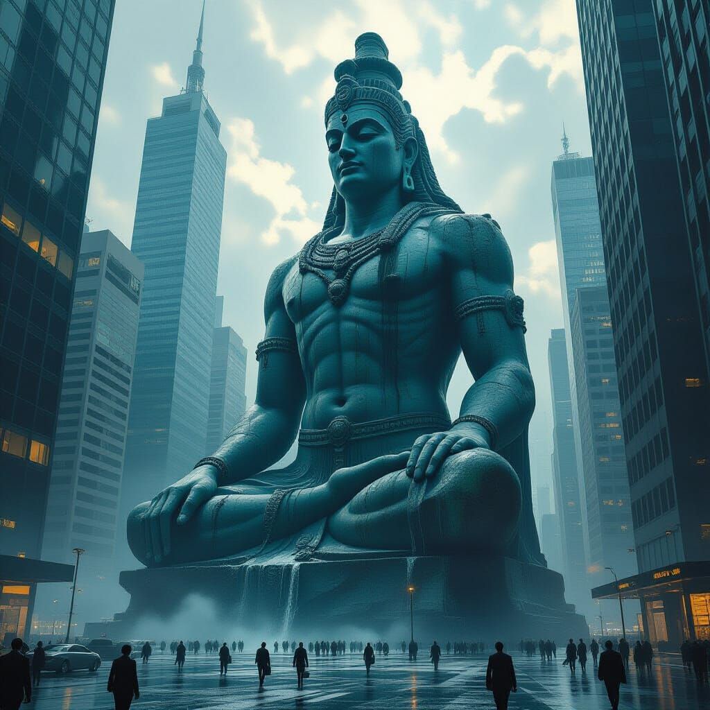 Ancient Deity Statue in Modern Cityscape