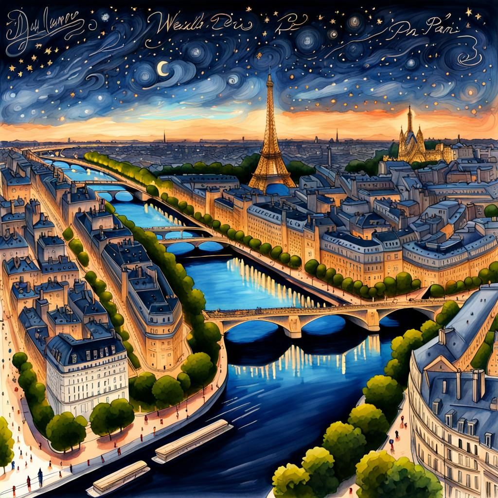 Paris at Night: Detailed Line Art Drawing