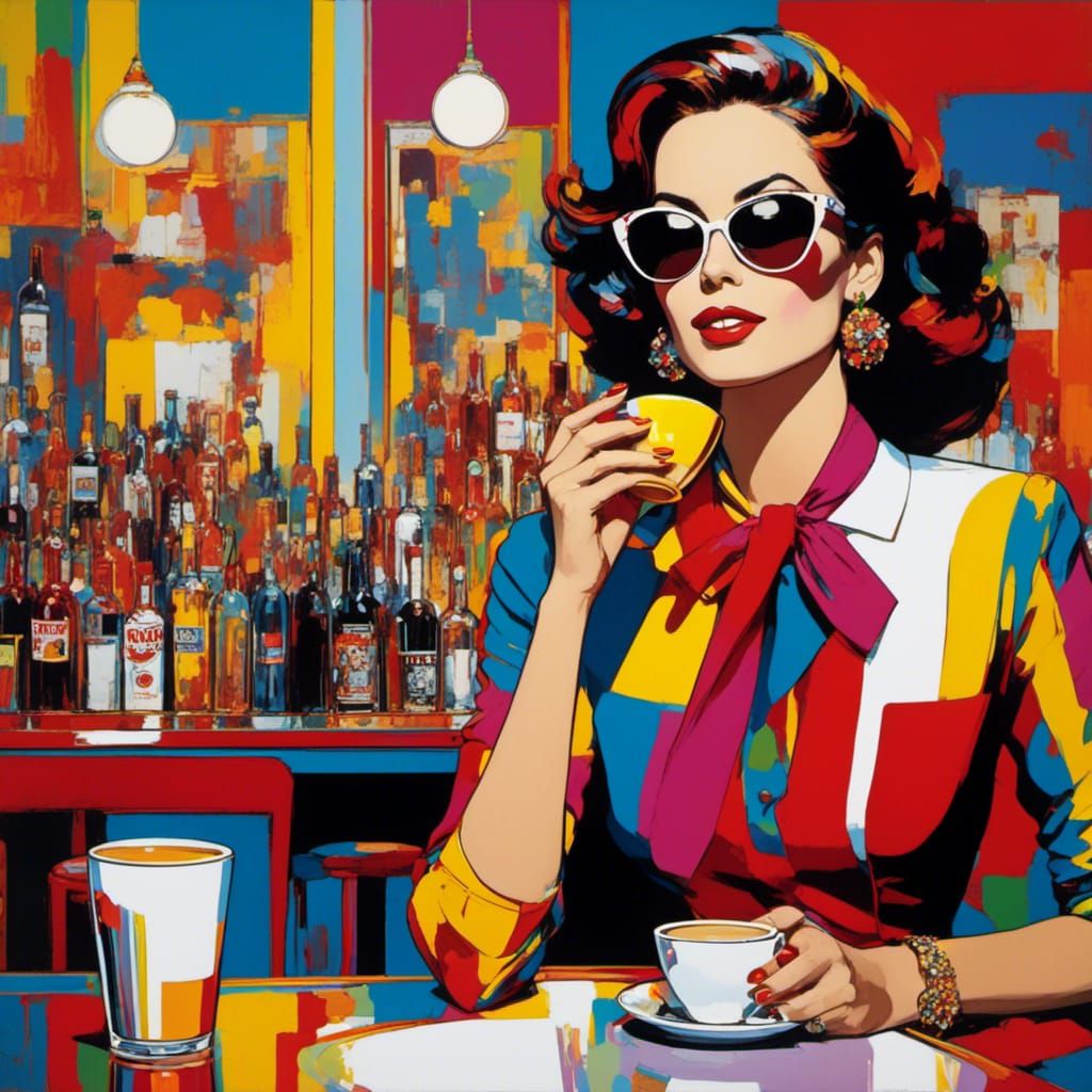 <lora:Pop Art style:1.0> portrait of woman in bar, drinking coffe ,