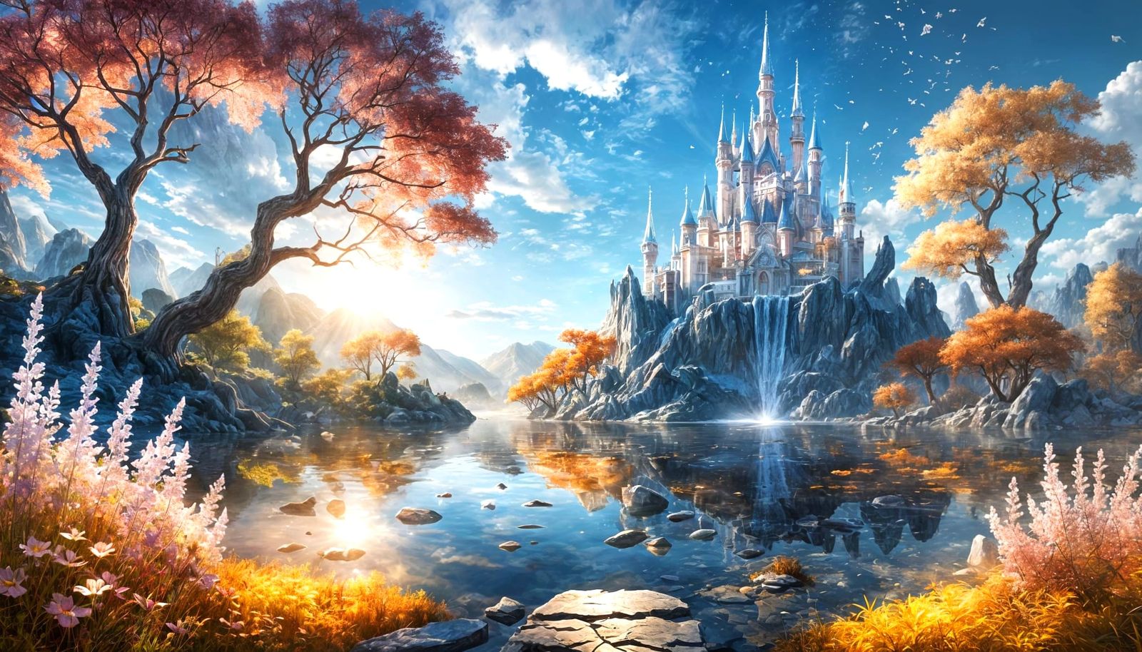 Crystal Castle on Tranquil Lake by Yoshitaka Amano Style