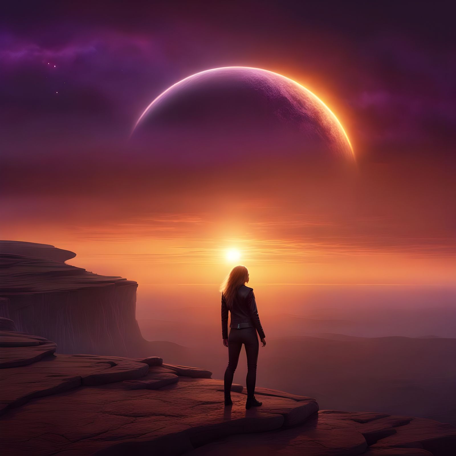 Woman Gazes at Alien Planet in Celestial Sunset