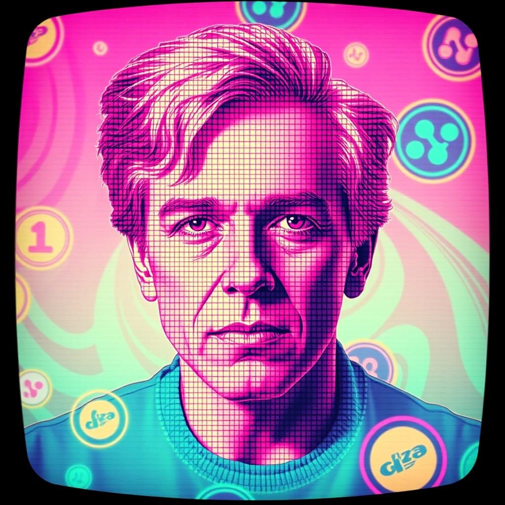 Stylized Pixel Portrait of Andy Warhol in Vaporwave Style