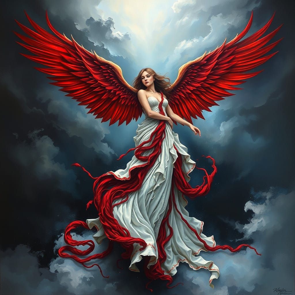 Woman with Blood-Red Wings in Hyper-Realistic Oil on Canvas