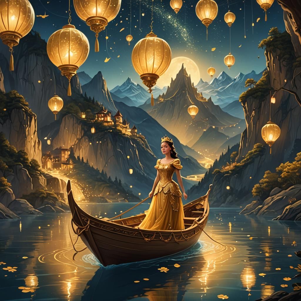 Mystical Princess in Golden Boat Night Scene