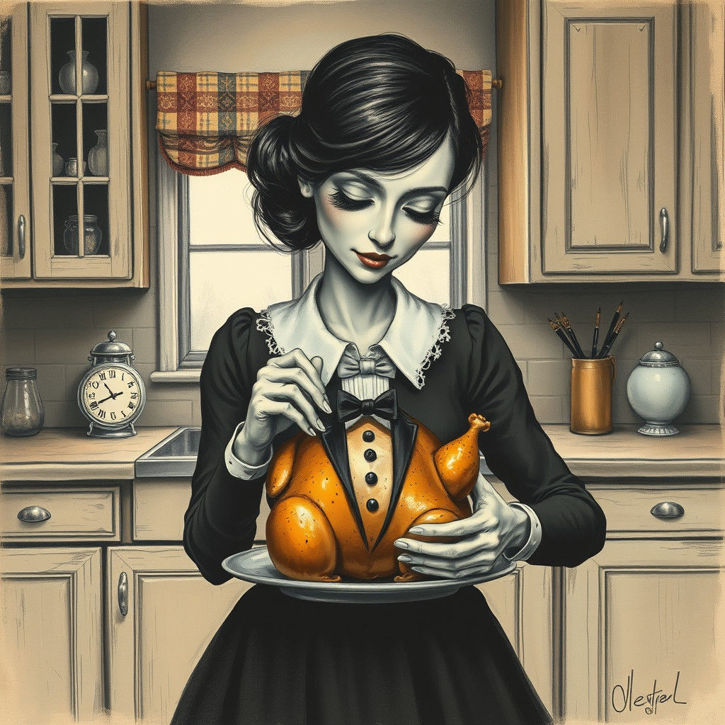 Whimsical Kitchen Scene: Dressing the Chicken