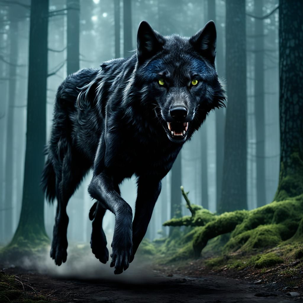 Black Wolf Running Through Forest: Cinematic Action