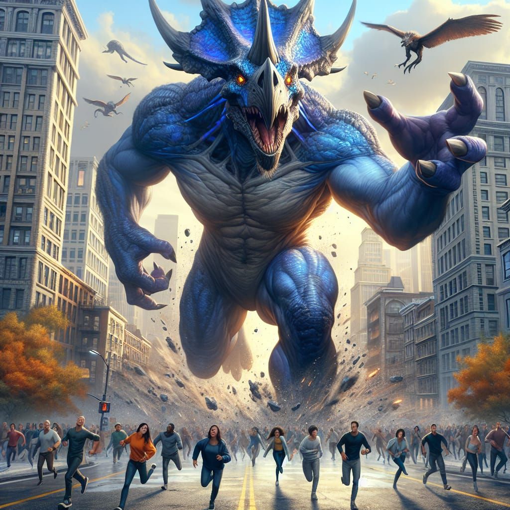 Blue WereTriceratops Rampages Through City: Fantasy Concept ...