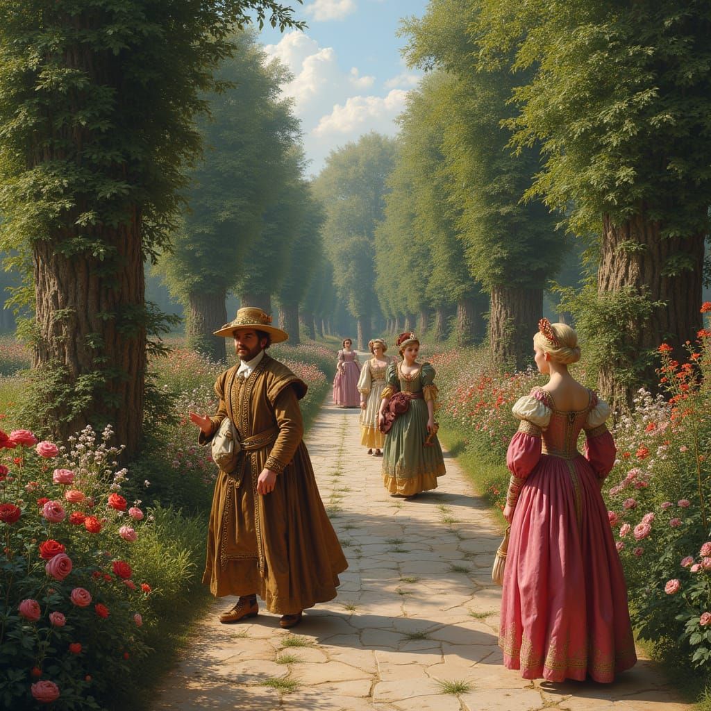 14th Century French Nobles in Elegant Garden Setting