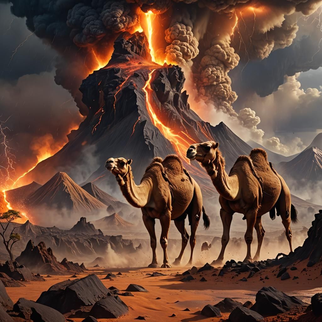Camel Family's Volcanic Journey: Hyperrealistic Digital Art