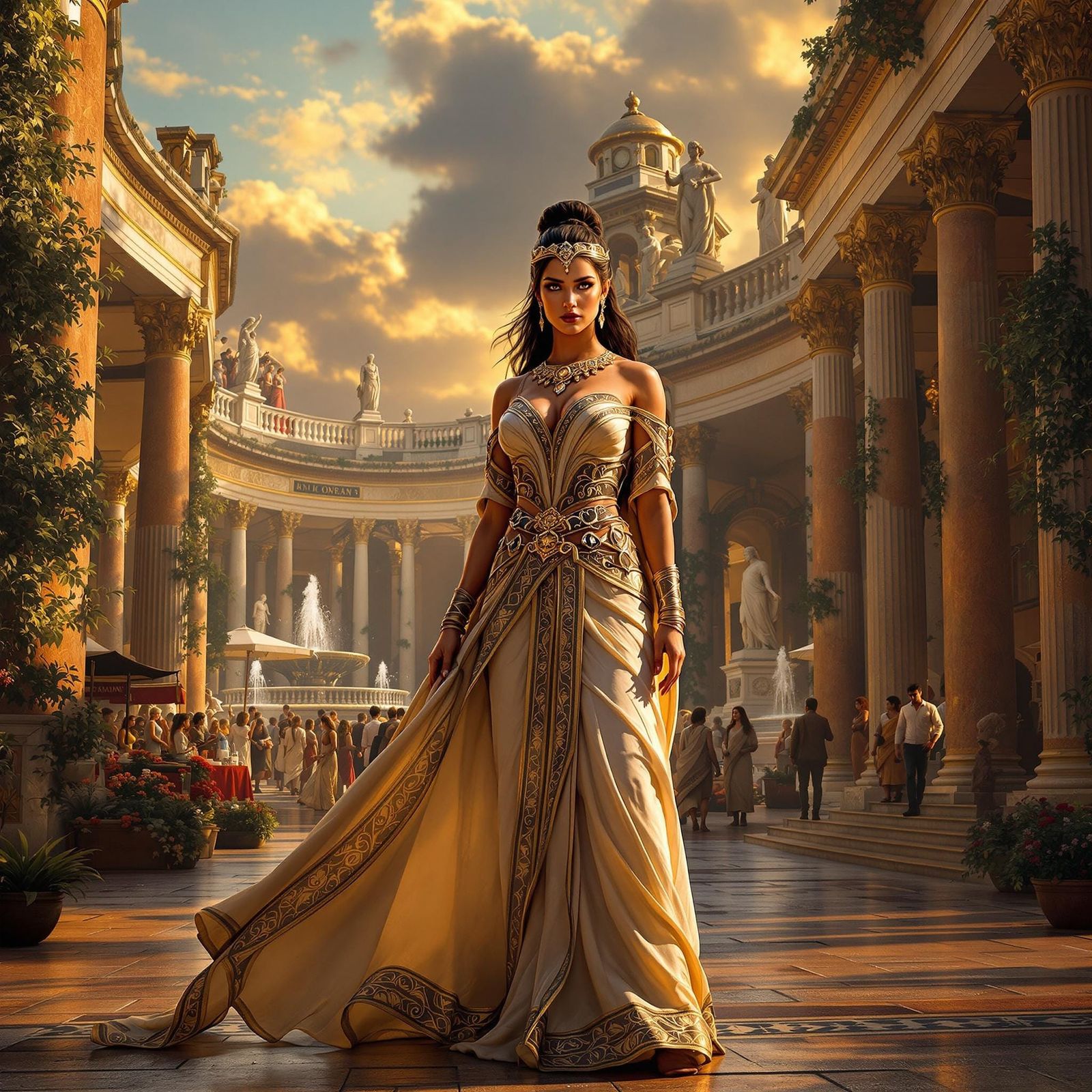 Roman Lady in Elaborate Robes, Amidst Bustling Forum