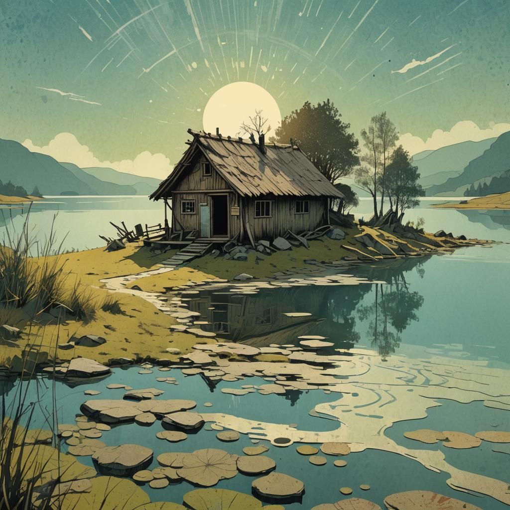 Hermit Hut by Lake: Retro Fantasy Illustration