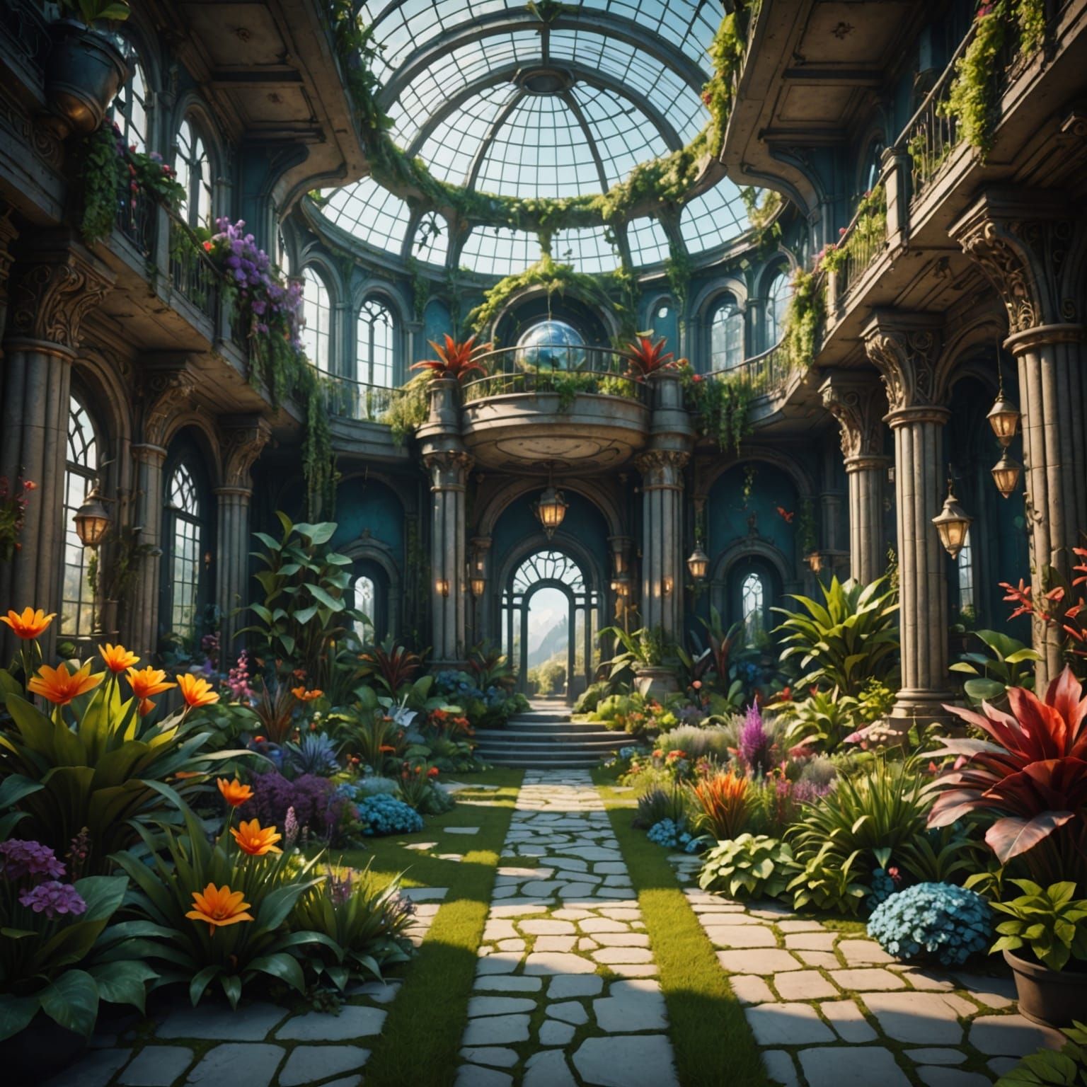 Vibrant Futuristic Oasis Blooms Within a High-Tech Tower