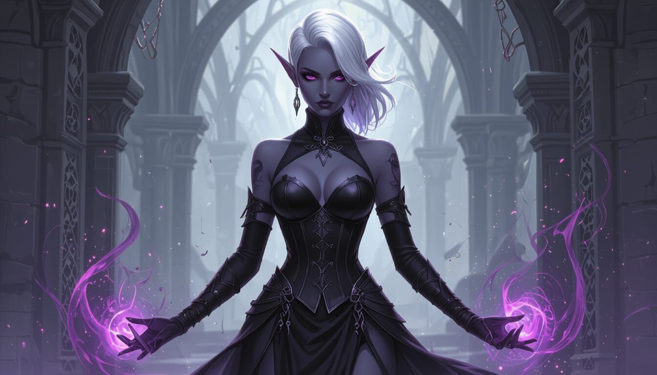 Drow Sorceress with Necromantic Aura in Dark Attire