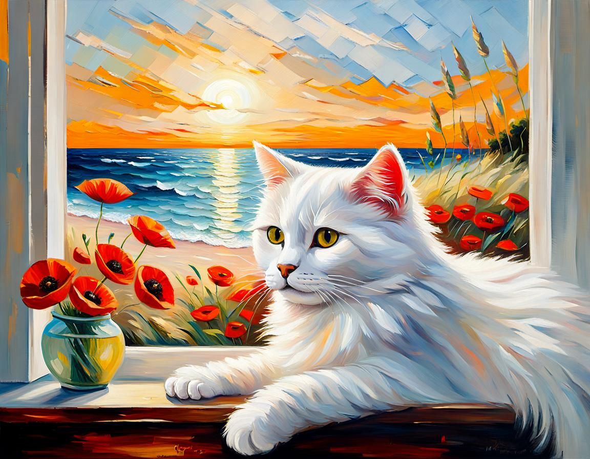Impressionist Cat Observes Beach from Window