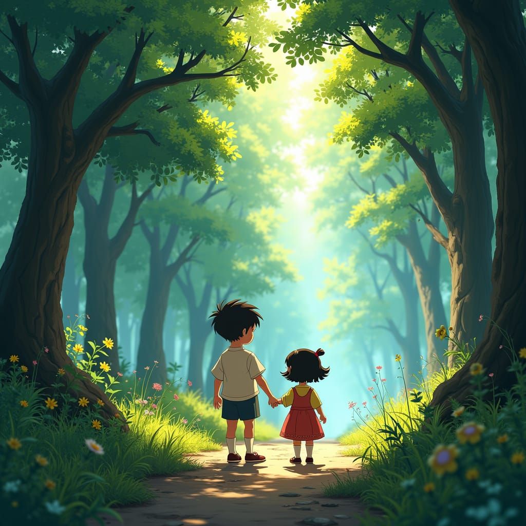 Ghibli Anime: Boy and Girl in Forest Landscape