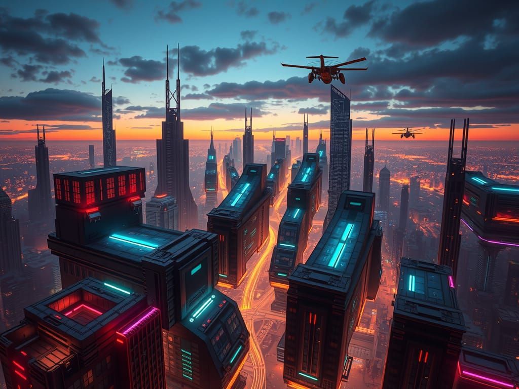 Futuristic Cityscape in Neon-Lit Hyperrealism
