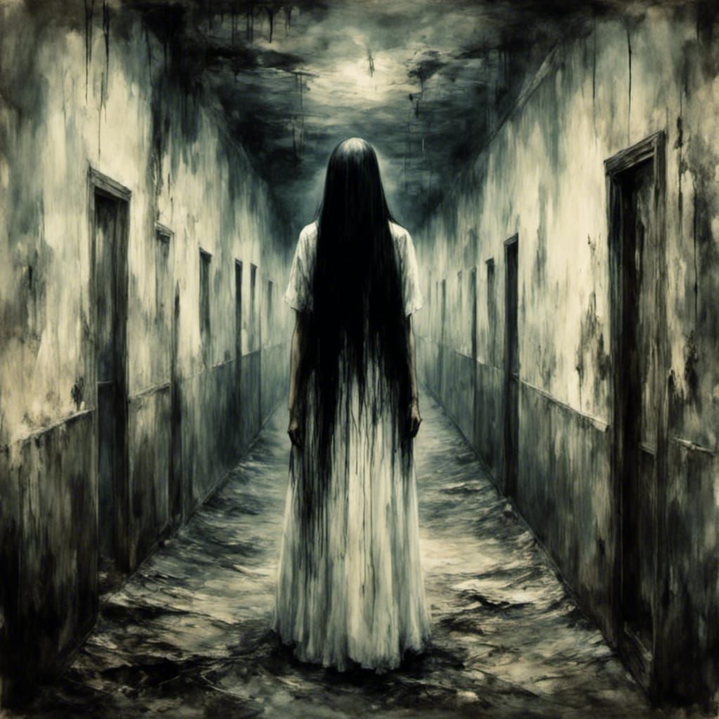 a creepy photo creepy, scary, woman, long black color hair c...