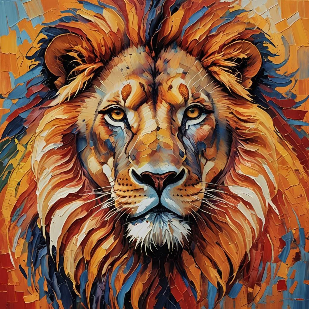 Majestic Lion Portrait in Expressionist Oil Painting