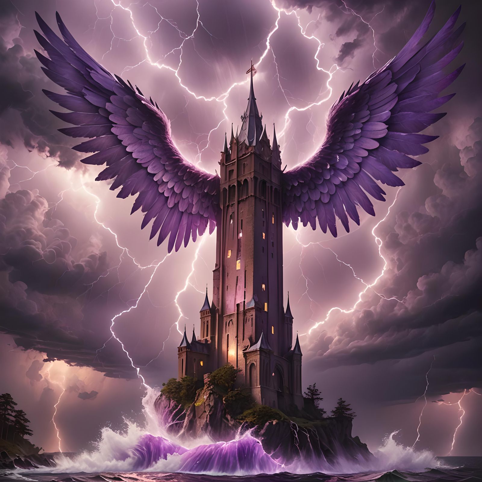 Purple Water Tower with Angel Wings, Fantasy Art