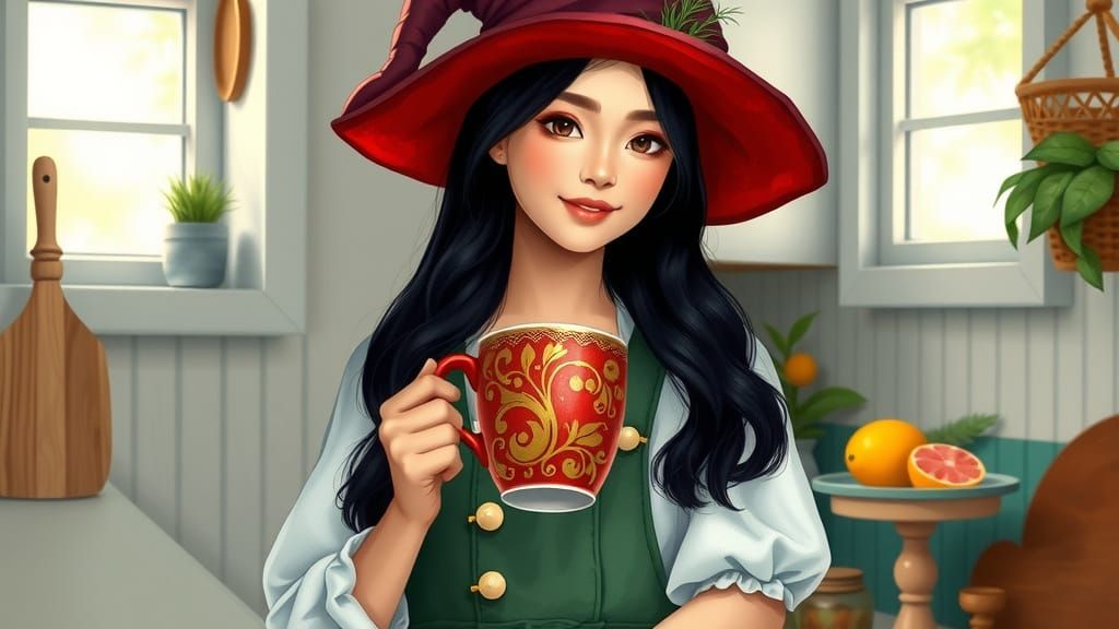 Confident Asian Woman in Cozy Kitchen with Whimsical Touches