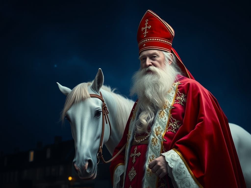 Sinterklaas on White Horse with Houses in Cinematic Light
