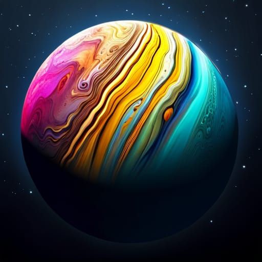 Jupiter-like Gas Giant with Moons in Colorful Ink Flow