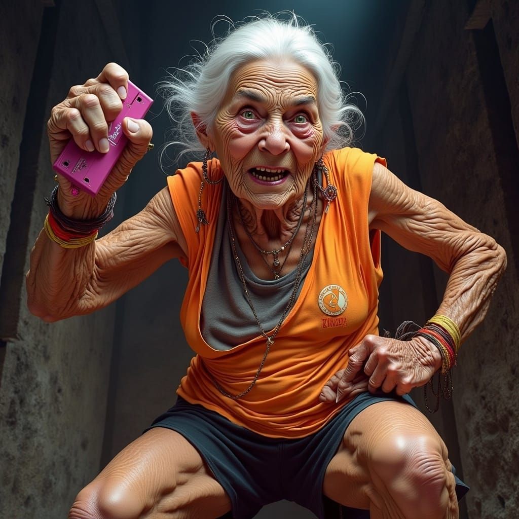 Elderly Witch in 80s Workout Gear in Dungeon