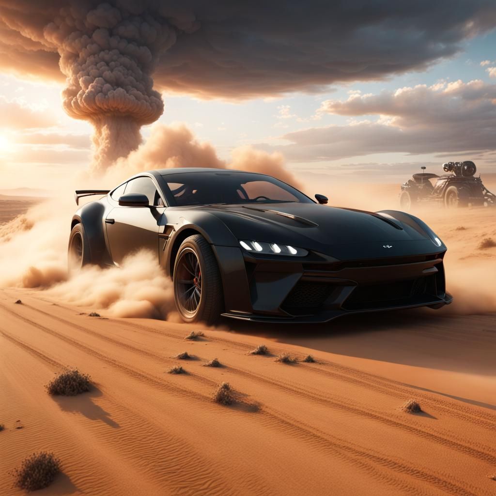 ultra realistic 8k cg, picture-perfect black sports car, desert wasteland road, car drifting, tires churns up the dry ea...