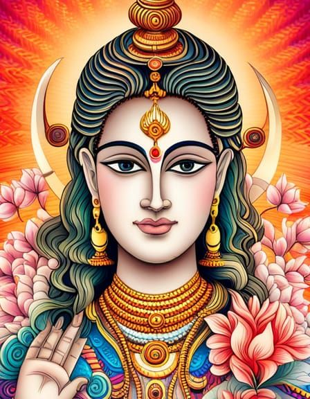 Radiant Portrait of Ardhanareeshvara in Indofuturism Style