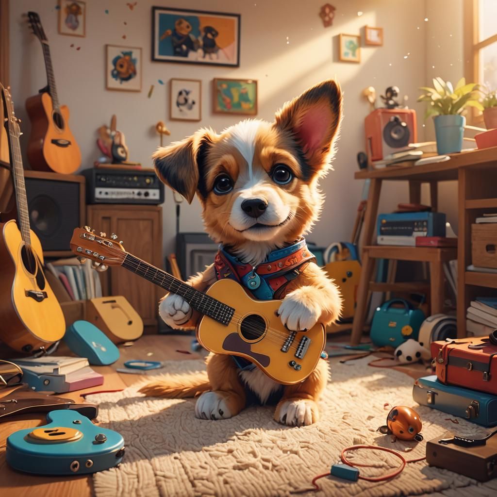 Puppy Plays Guitar: Pixar-Style Animal Portrait
