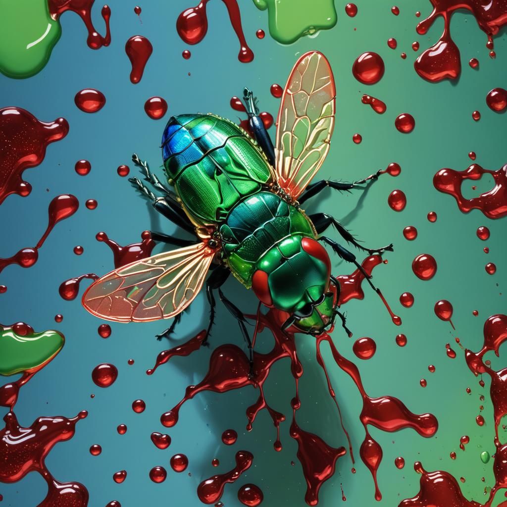 Green Fly on Grenadine Bottle as Pop Art