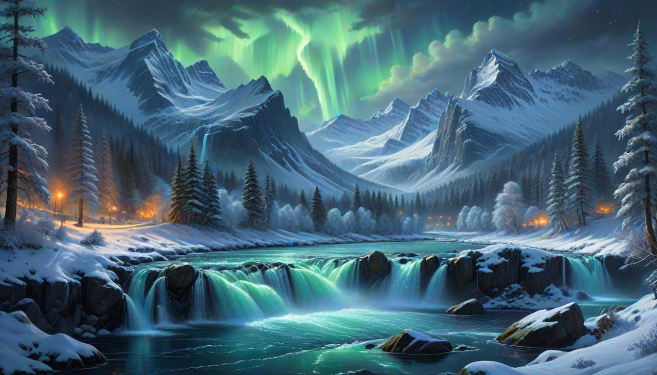 Photorealistic Aurora Over Waterfall in Winter Landscape