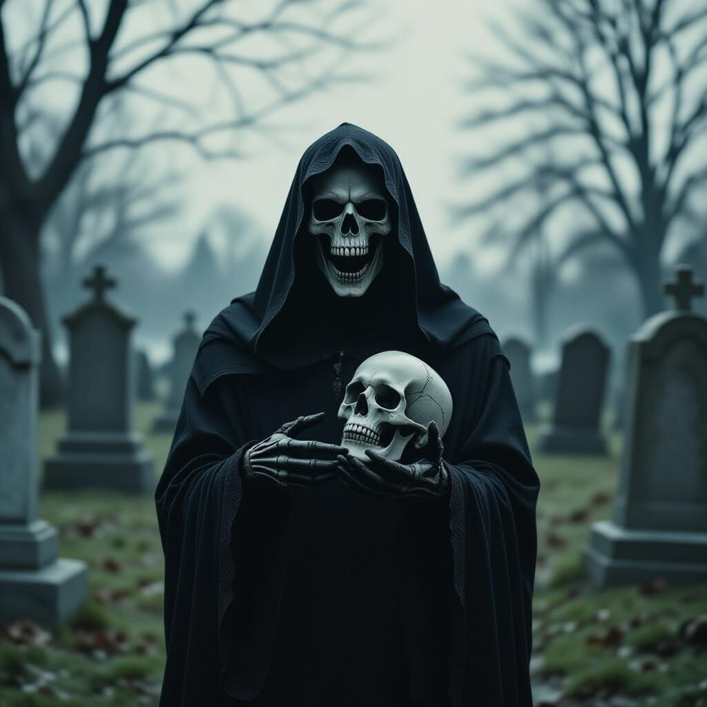Cinematic Grim Reaper Laughing in Graveyard