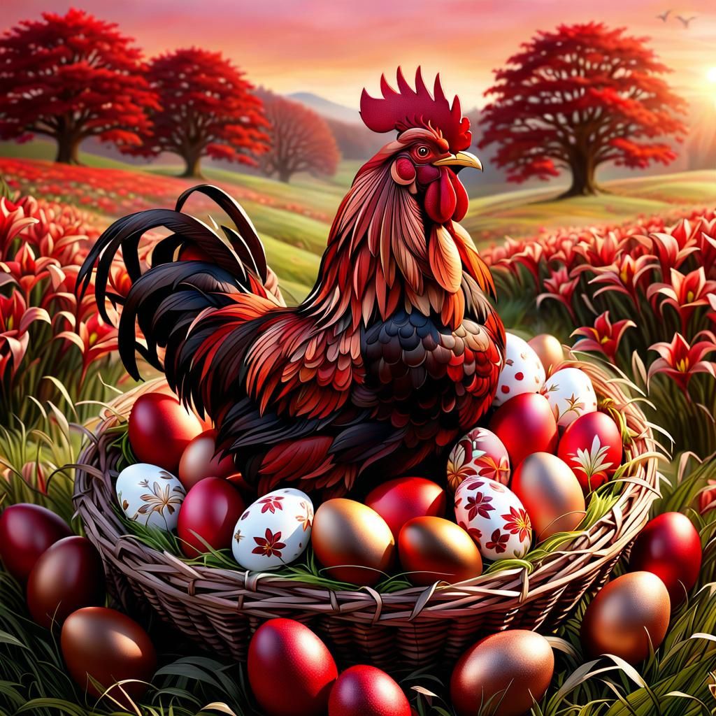 Rooster Guarding Ornate Easter Eggs at Sunrise
